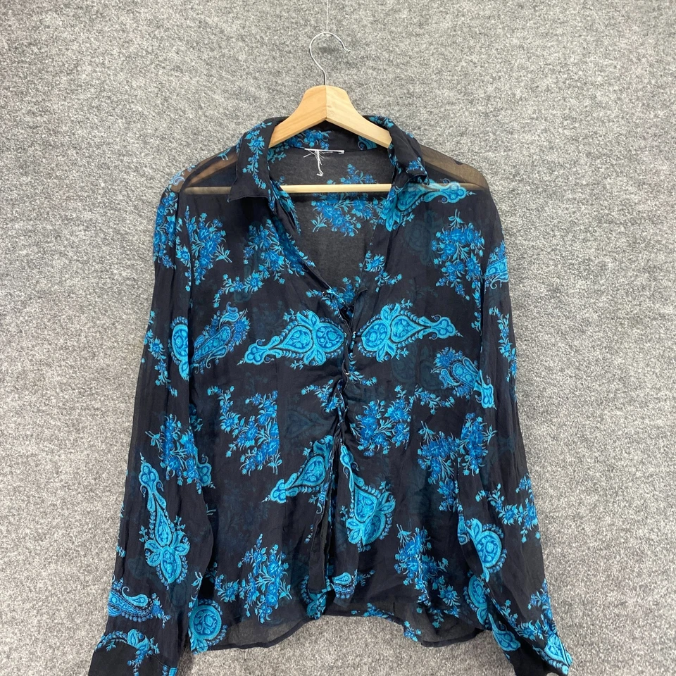 Blusa sin marca para mujer M mediana negra geométrica seda con cordones manga larga Foto 3 de 4