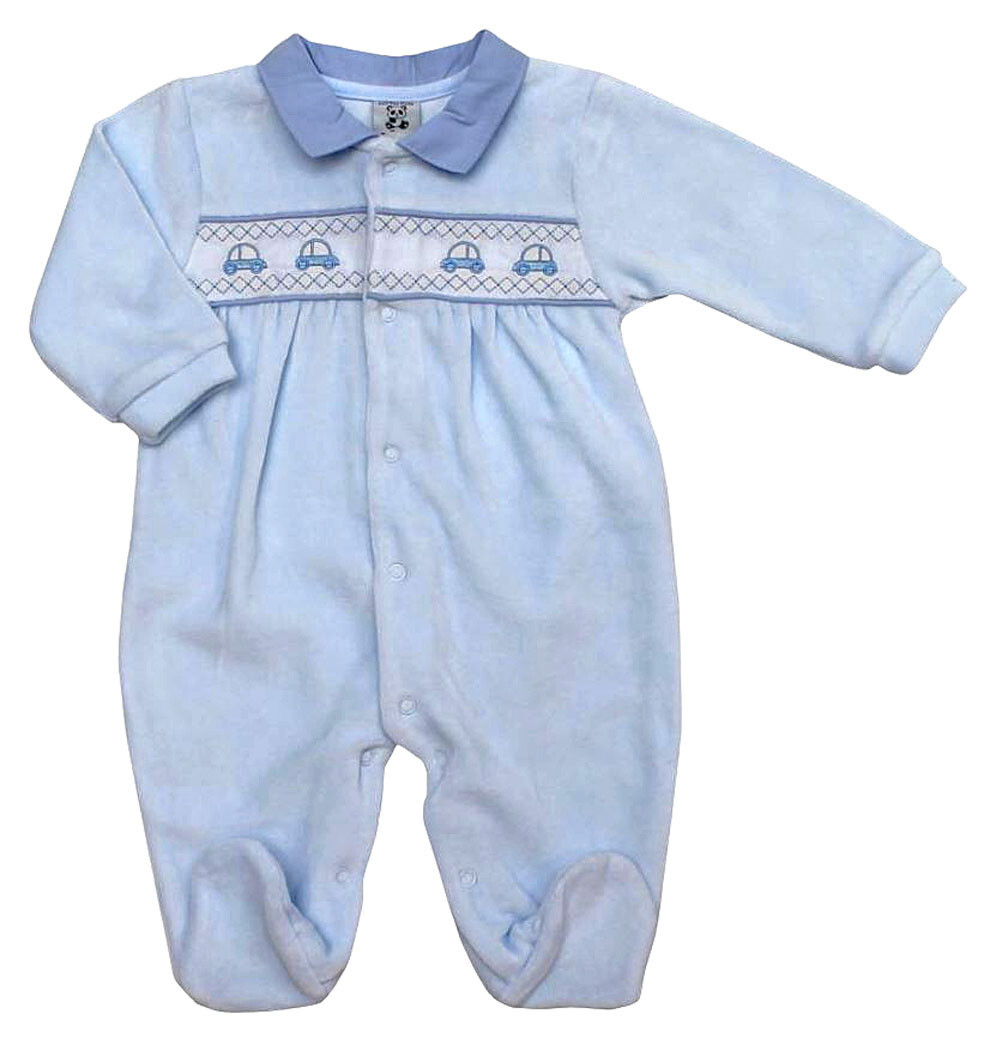 Baby Boy Sleepsuit Babygrow All In One Velour Smocked Embroidered