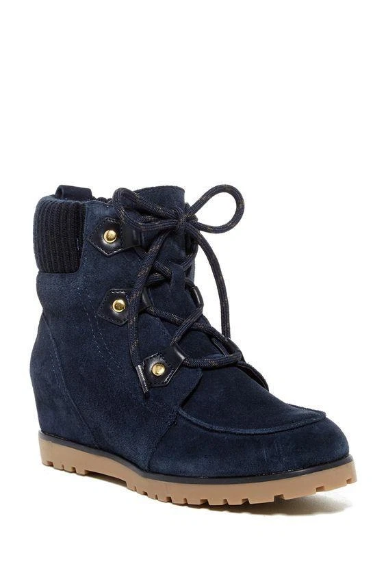 Tommy Hilfiger Serafin Lace Up Wedge Boots Booties Medium Blue Suede Size 8