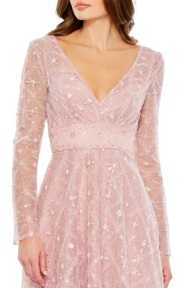 Vestido de cóctel Mac Duggal rosa con cuentas manga larga cintura imperio talla 4 $498 Foto 3 de 3