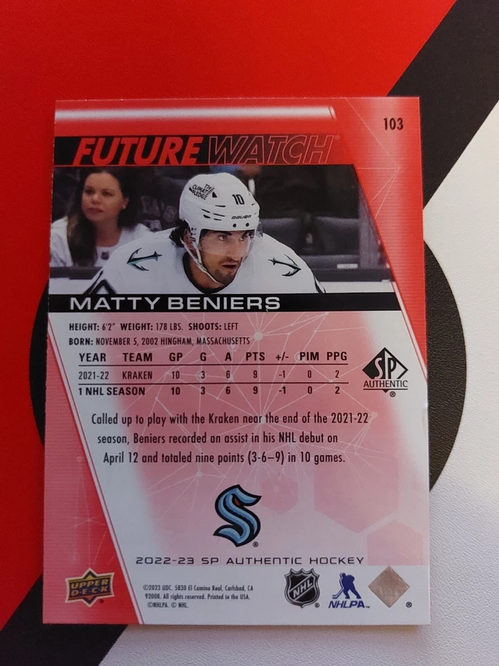 2022-23 SP AUTHENTIC MATTY BENIERS FUTURE WATCH LIMITED RED ROOKIE CARD #103 - Image 2 of 2