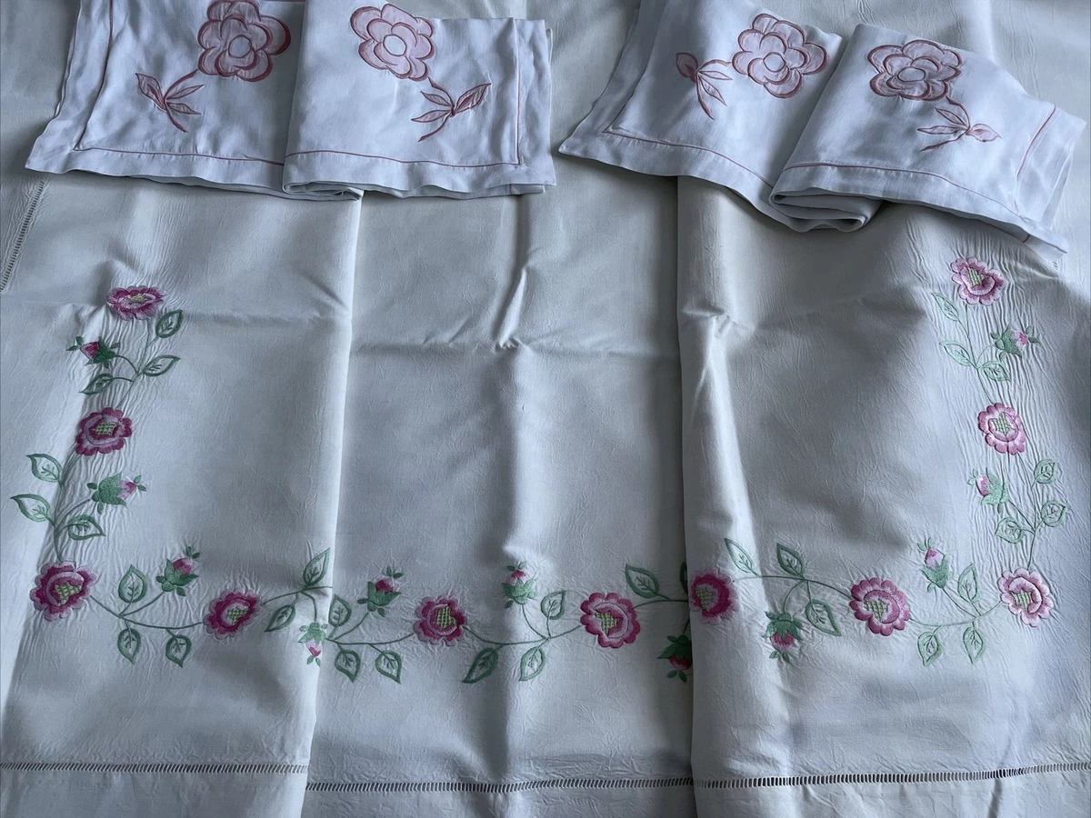ANCIEN DRAP EN FIL blanc + 2 TAIES avec broderies & applications faites main No1 EUR 85,00 - FR