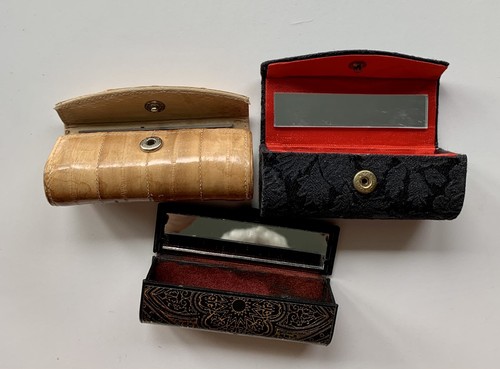 3 PCs Lipstick Case Faux Leather Brocade Plastic Holder Box W/ Mirror Retro Used - Picture 3 of 9