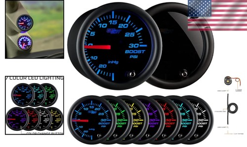 30 PSI Turbo Boost and Vacuum Gauge with 7 Colors - Black Dial, Smoked Lens - Picture 2 of 8