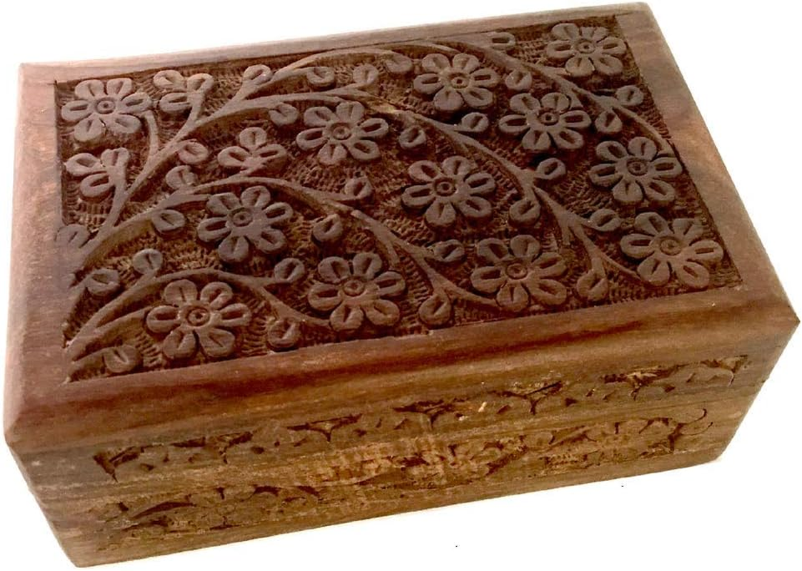 Floral Carved Handmade Wooden Box 4 inches 6 inches~Ideal For storing Jewelry