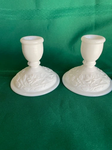 Vintage Pair of White Milk Glass Candle Holders with Raised Floral Designs