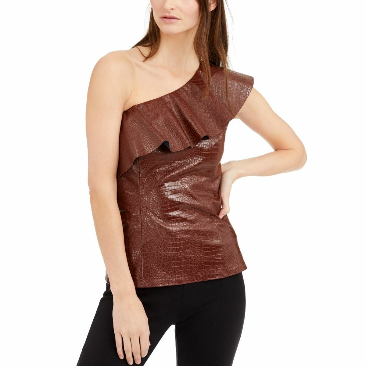 Inc Women Blouse Brown Sz Small S Croc-embossed Faux-leather 1 