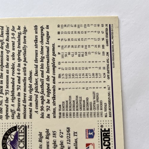 1994 Score 1993 Rookie David Nied Colorado Rockies #528 - Picture 11 of 14
