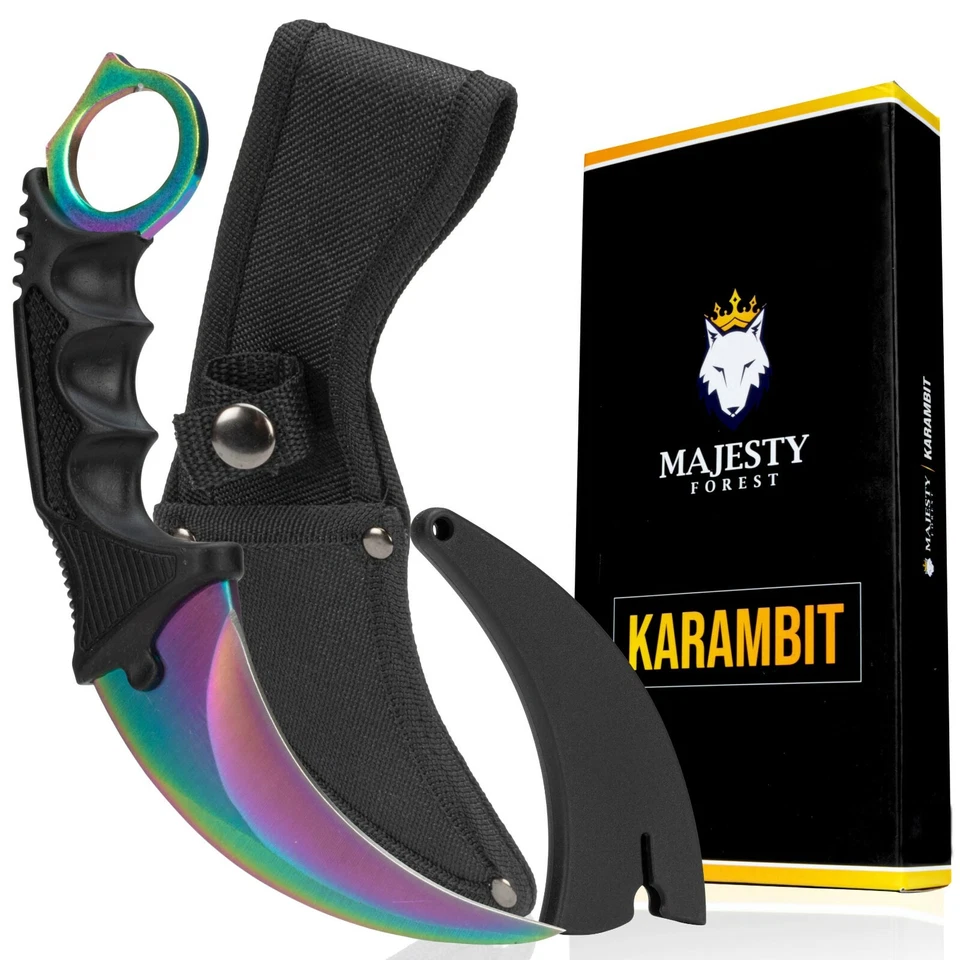 Majesty Forest® CSGO Karambit Messer – Rainbow/Gold/Black – scharf – mit Holster