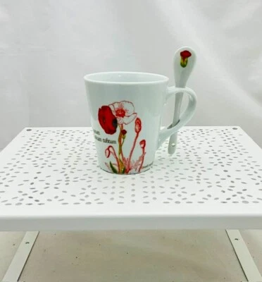 tasse en céramique blanche motifs grand coquelicot avec cuillère 9,8x 12 cm env - Photo 1/4