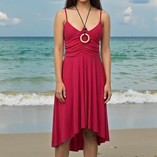 Y2K Vizio Fuchsia Ruched High Low Midi Dress
