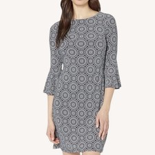 Tommy Hilfiger Navy Medallion Jersey Bell Sleeve Sheath Dress Size 6 Stretch