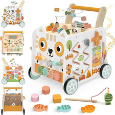 Wooden Baby Walker, Baby Push Walker with Wheels, 16-In-1 Montessori Activity Ce