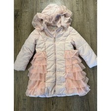 Richie House Girls Pink Puffer Jacket Tulle Ruffle Hooded Winter Coat Size 7/8