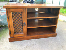 Wood TV Stand Brown Medium Wood, Fully Assembled, 1 Door, 2 Shelves, Cable
