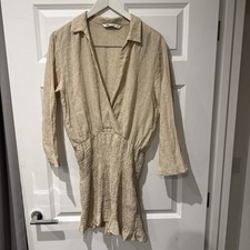 Zara Women’s Beige Linen Cotton Long Sleeve Fit & Flare Dress Size Large