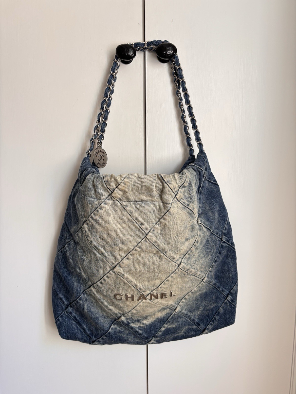 Authentic Chanel 22 Denim Quilted Drawstring Bag Blue Silver Hardware + Dust Bag
