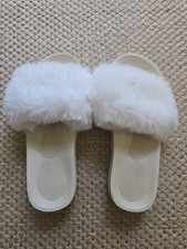 Coface Women's White Faux Fur Slide Slippers Open Toe Cozy House Shoes Size 8