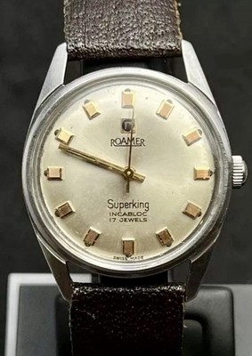 Vintage 1960 ROAMER  Superking  Men s 35mm Mechanical Watch 17 Jewels SS Leather