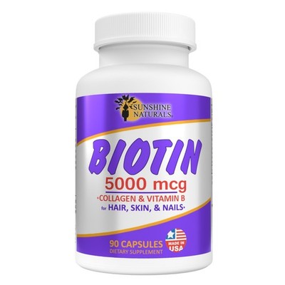 Sunshine Naturals Biotin Supplement. For Hair, Skin and Nails. 5000 mcg. 90 Caps