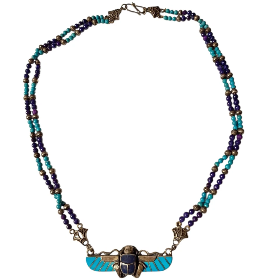 ART DECO EGYPTIAN REVIVAL SCARAB STERLING SILVER LAPIS Lotus Clasp NECKLACE - Image 2 of 4