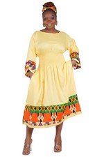 African Trim Midi Dress Smocked, Headwrap Pockets 100 Rayon Patch work