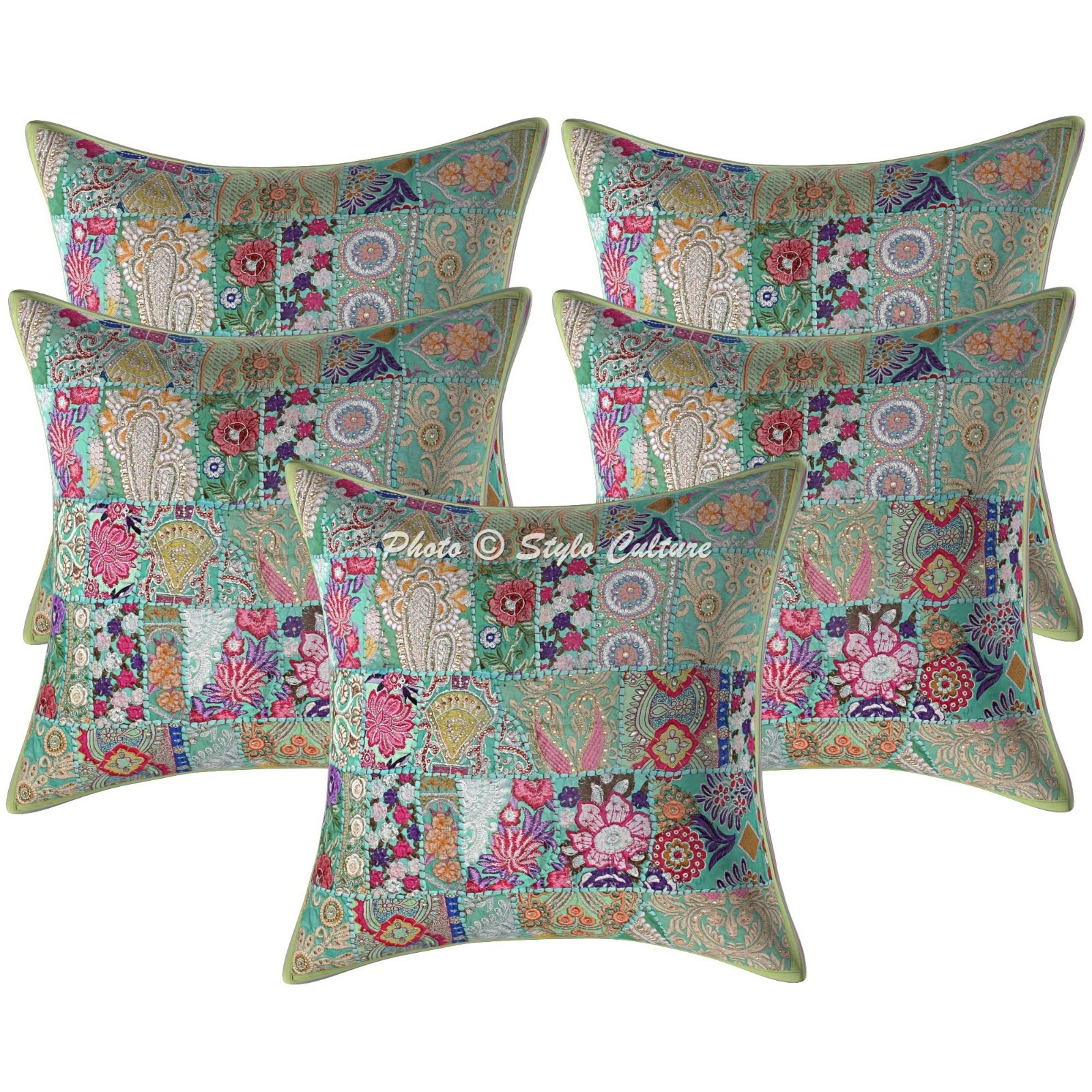 Bohemian Cotton Throw Pillow Covers Vintage Patchwork Green Abstract Home Decor