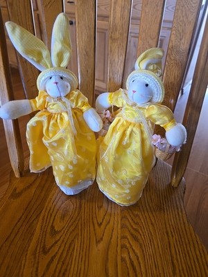 Set Of 2 Vintage White Bunny's In Yellow Spring Dresses.