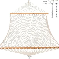 12ft Double Hammocks Handwoven Traditional Cotton Rope w/ Hardwood Spreader Bar