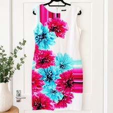 ROMAN |Bold Floral Bodycon Midi Dress | Pink Blue Statement Print Occasion UK 14