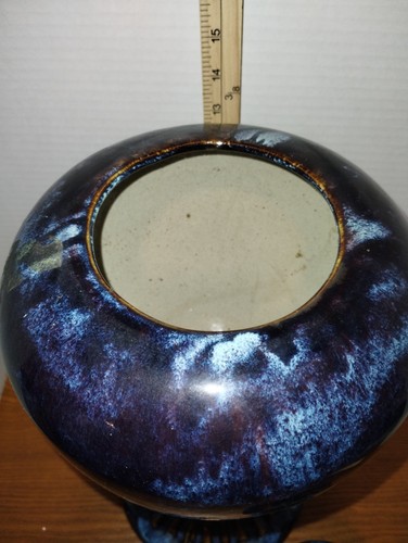 Vtg Large Cobalt Blue And Brown Drip Glazed Stoneware Fluted Base Urn 21" Tall - Picture 10 of 24