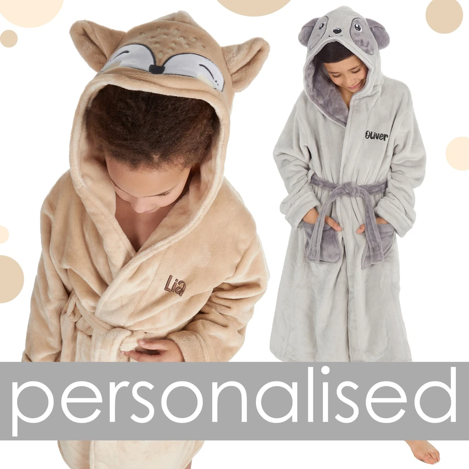 METZUYAN Personalised Boys Girls Animal Gown Unisex Robe Plush Fleece Bathrobe 2-13 Years