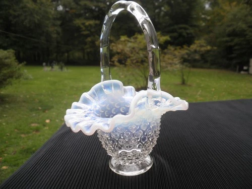 Vintage Fenton Moonstone White Opalescent Hobnail Handled Basket Excellent Shape