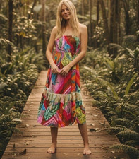 Farm Rio Anthropologie Palila Fringed Midi Sun Dress Beaded Multicolor Satin L