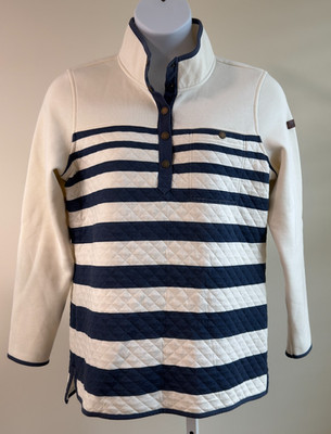 LL Bean Large Mock Neck Pullover Top Blue White Striped Quilted Quarter Button