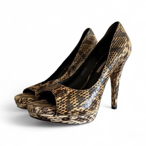 Vintage Y2K Vera Wang Lavender Snake Print Peep Toe Platform Leather High Heels - Image 1