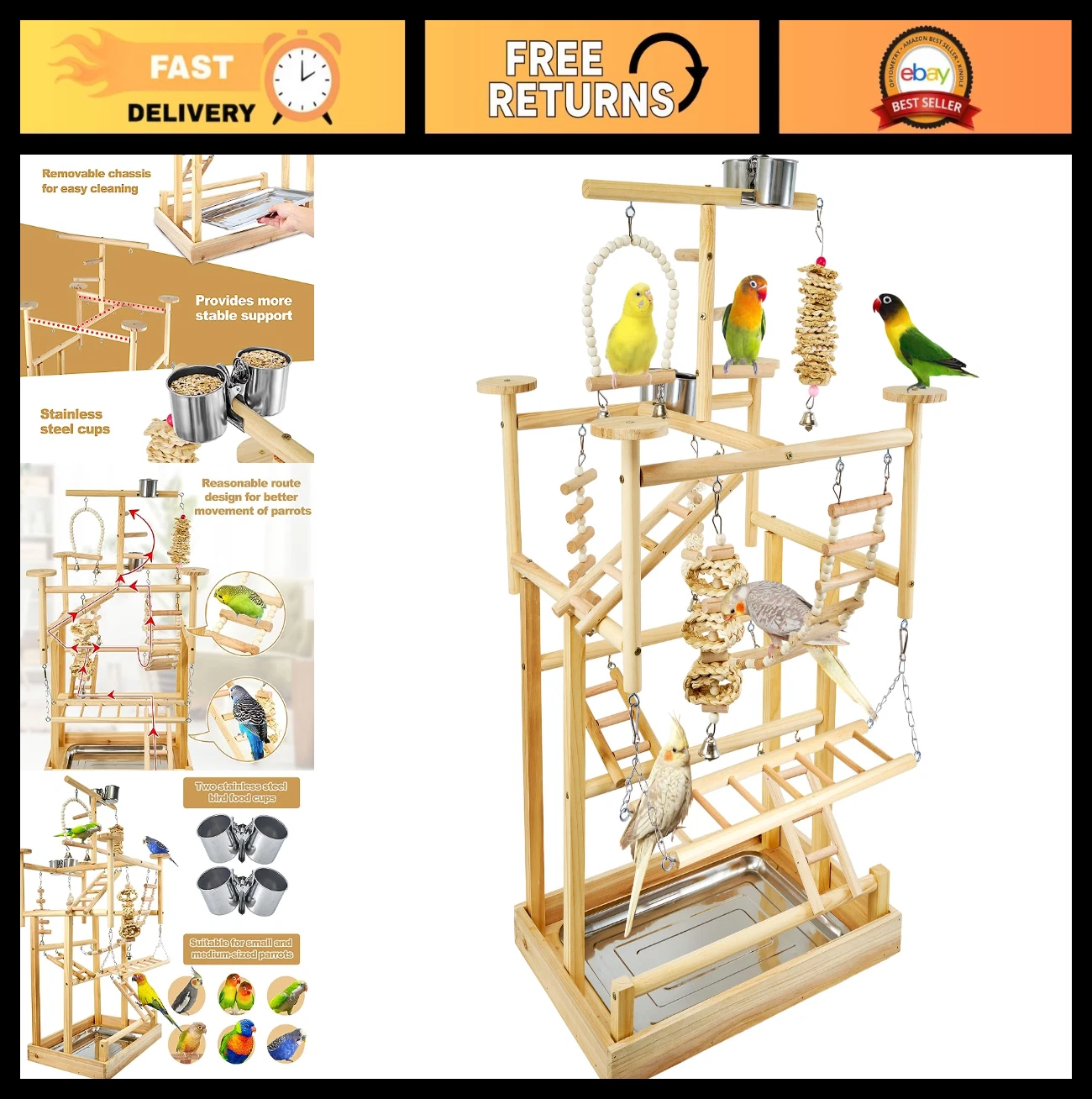 Natural Wood Bird Playground - Parrot Play Gym with Perches, Removable Tray & 4