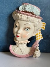 VINTAGE LADY HEAD VASE *RARE* WHITE HAIR BIG EYED WALL POCKET IN PINK *READ*