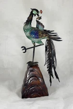 Antique 8¼" Chinese Silver Gilt Filigree Enamel Turquoise Peacock Bird Sculpture