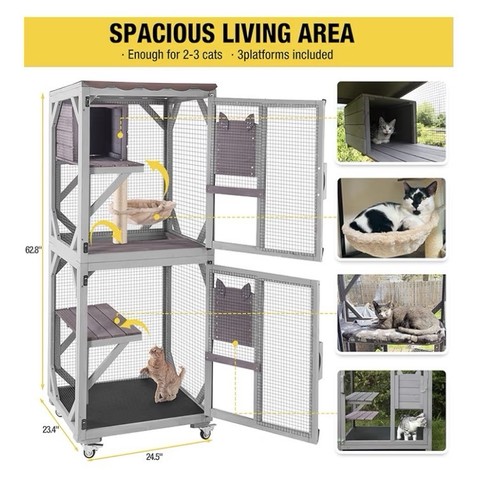 Aivituvin Outdoor Cat House Catio, 62.8" Gray, Wheels, Waterproof, 3 Platforms