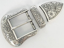 BELT BUCKLES 3pc Buckle Set 1.5 inch Engraved Western Floral Scroll Silver NWOT 