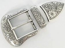 BELT BUCKLES 3pc Buckle Set 1.5 inch Engraved Western Floral Scroll Silver NWOT!