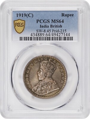 INDIA BRITISH GEORGE V 1919-C RUPEE SILVER COIN UNCIRCULATED PCGS CERTIFIED MS64