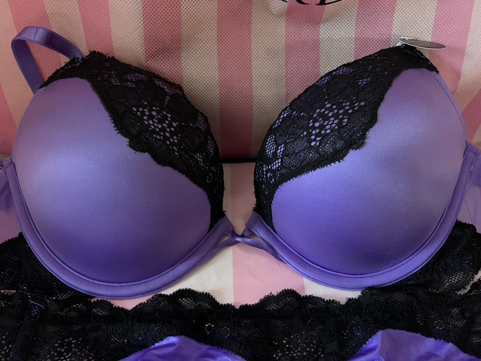 Бюстгальтер-бомба Victorias Secret атласный и кружевной средний стринги фиолетовый 32D - Изображение 4 из 4