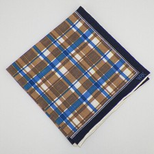 WRK Mens Brown Blue Navy Chalk PLAID Linen Pocket Square NWT