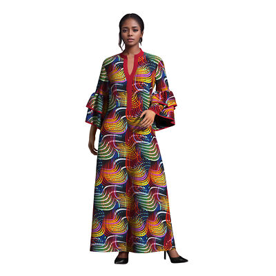 Womens Double Layered Bell Sleeve African Maxi Dress Ankara Wedding Party Dress