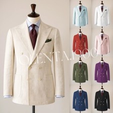 Double Breasted Linen Men's Suits Summer Beach Wedding Tuxedos Peak Lapel Jacket