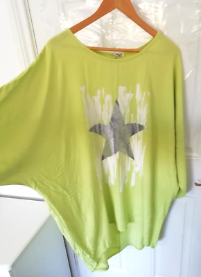 Made in Italy O/S Lindgrün Silber Sterne Lagenlook Bluse Top Oversize Kastig