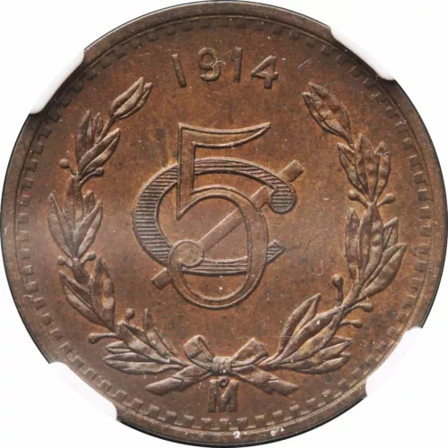 Mexico 5 Centavos Mo 1914, Bronze. NGC MS65 BN KM# 422