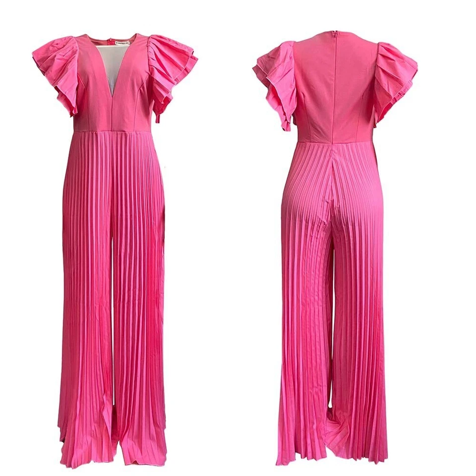 Women Summer Casual V Neck Loose Party Ladies Romper Short Sleeve Long Jumpsuit - Image 3 of 4